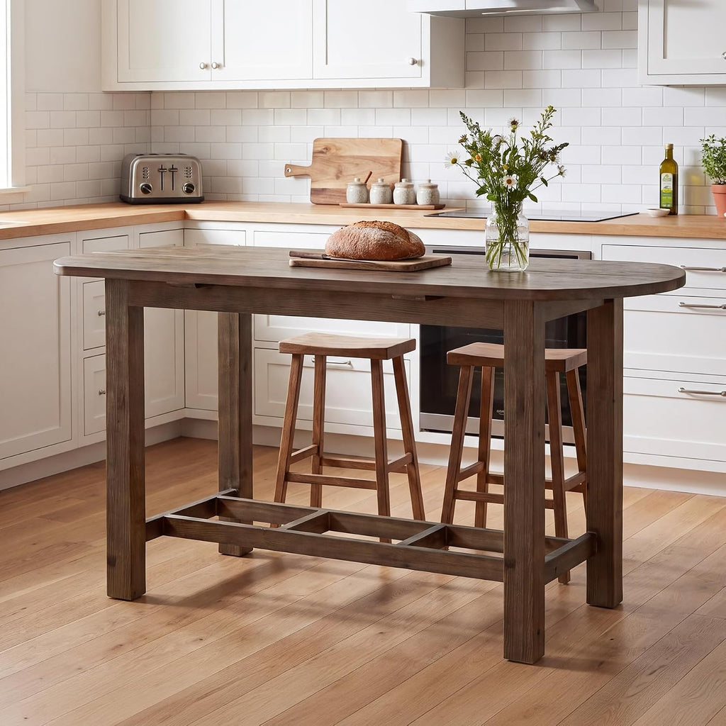 63" Solid Wood Kitchen Island, Island Table with Oval Tabletop | Farmhouse Wooden Stationary Island Table for Kitchen, Living Room, Dining Room, Easy Assembly, 39.37" Height, Vintage Brown