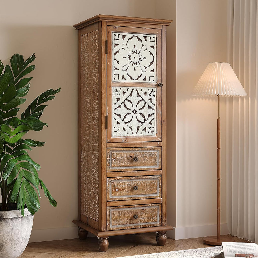 KTART 54''Tall Kitchen Pantry Cupboard Storage Cabine,Narrow Accent Cabinet | Solid Wood Frame;Farmhouse/French Country Narrow Corner Glass Display Cabinet;Narrow Storage Cabinet;Tall Accent Cabinet
