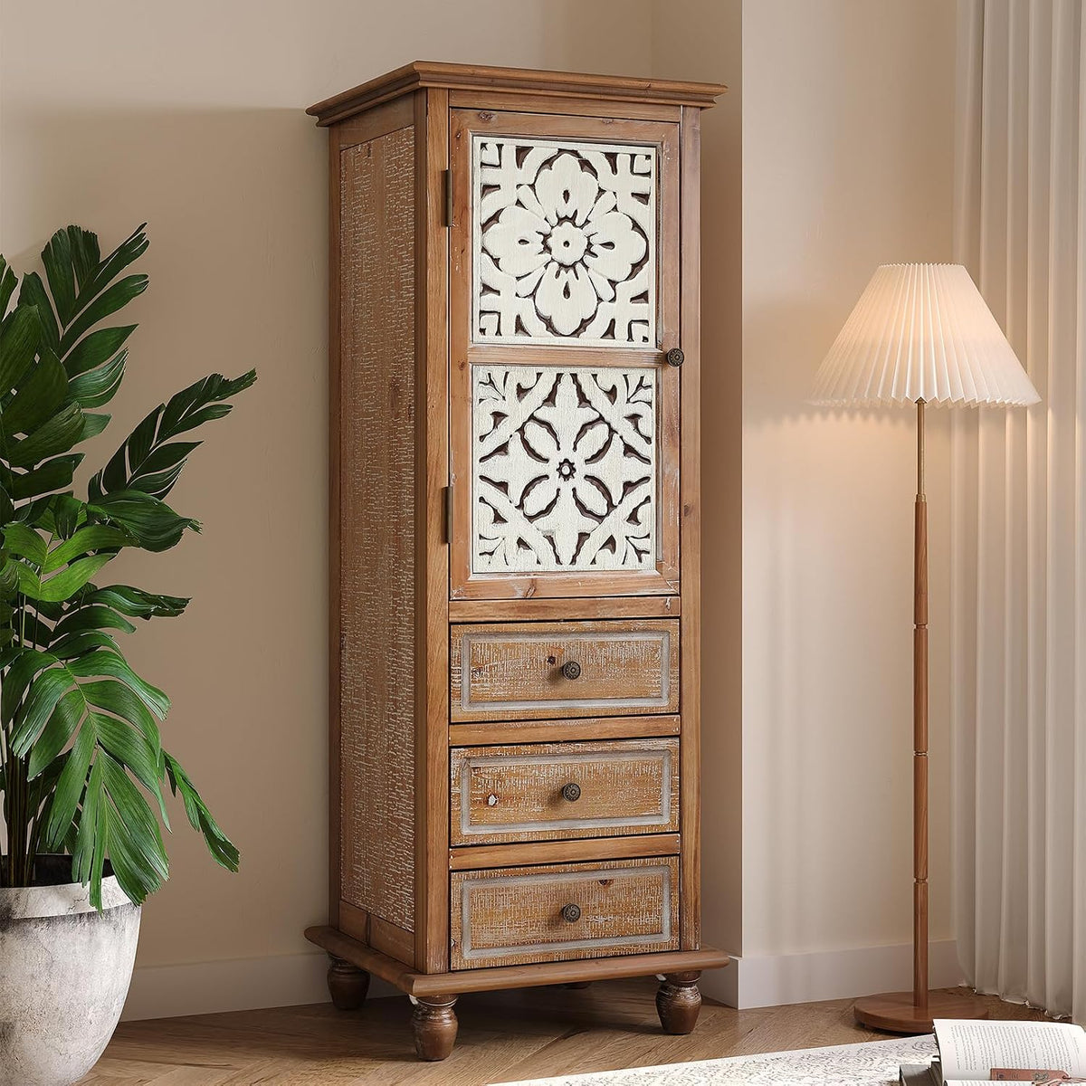 KTART 54''Tall Kitchen Pantry Cupboard Storage Cabine,Narrow Accent Cabinet | Solid Wood Frame;Farmhouse/French Country Narrow Corner Glass Display Cabinet;Narrow Storage Cabinet;Tall Accent Cabinet