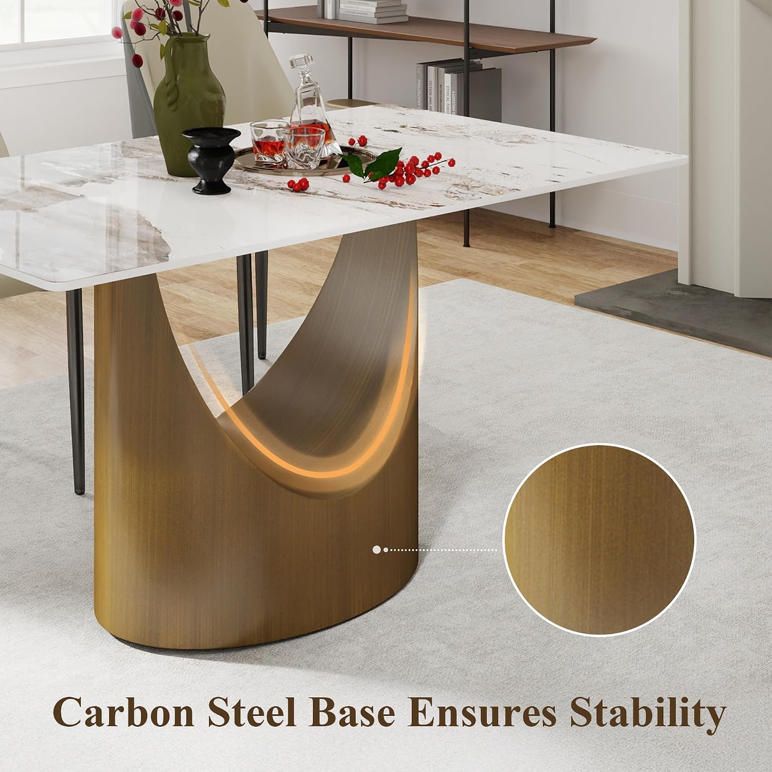 55" Modern Dining Table for 4-6, White Rectangle Dining Table, Sintered Stone Dining Tabletop with U-Shape Carbon Steel Pedestal (Table Only)