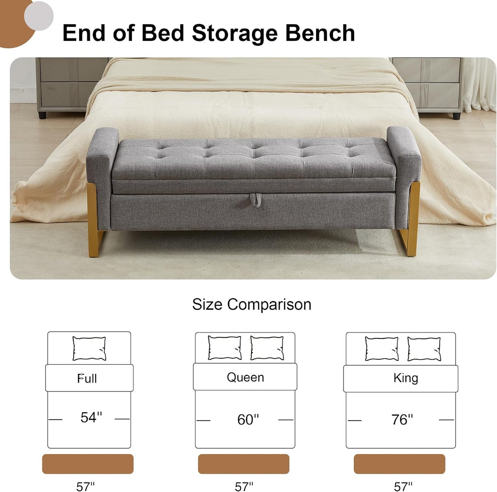 57" Storage Ottoman Bench，Upholstered Linen End of Bed Bench Entryway Storage Bench for Living Room,Light Grey