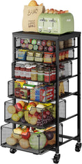 6-Tier Kitchen Storage Cart -Fruit Vegetable Storage Cart with Drawers, Wooden Top Metal Wire Kitchen Organizer and Storage Cart with Wheels to Storage Onions Potatoes Cans Snacks for Kitchen