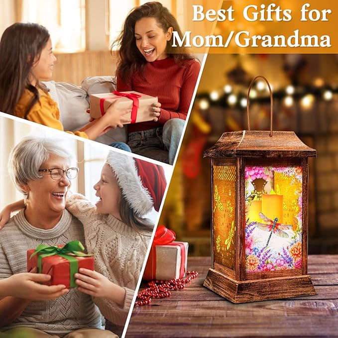 Dragonfly Solar Lanterns Outdoor Waterproof, Metal & Glass Hanging Lights Garden Decor, Birthday Gifts for Women Mom Grandma Mothers Day, Decorative Lights for Outside Yard Patio Backyard Porch