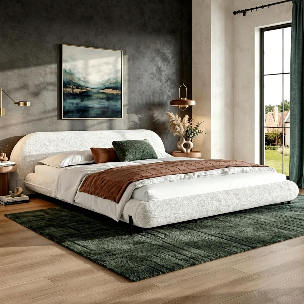 DNYN Boucle Platform Bed Frame with Thick Headboard and Steel Legs