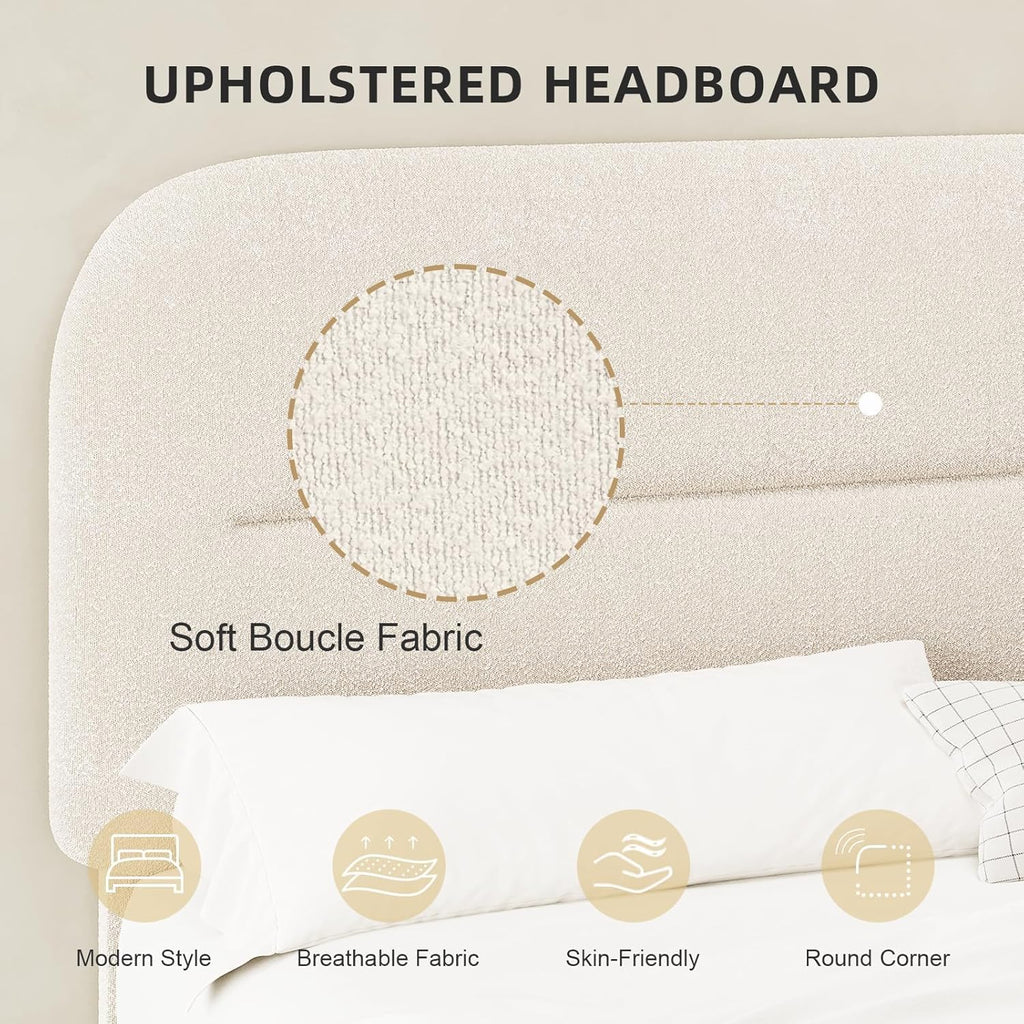 HOMBCK Queen Size Cloud Bed Frame, Cream Plush Boucle Upholstered Platform Bed, Adjustable Padded Headboard, Solid Wood Slat Support, Rounded Corners, Low‑Profile Design, No Box Spring Needed