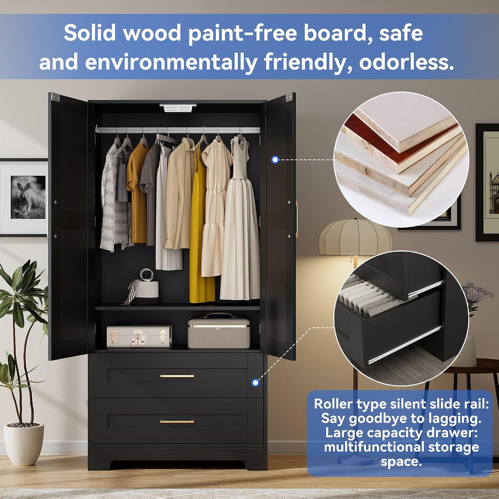 Wooden Armoire Wardrobe Closet, Bedroom Armoires with Door and Drawers, Freestanding Wardrobe Clothing Storage Cabinet with Shelves and Hanging Rod for Bedroom, Laundry Room, Cloak Room（Black）