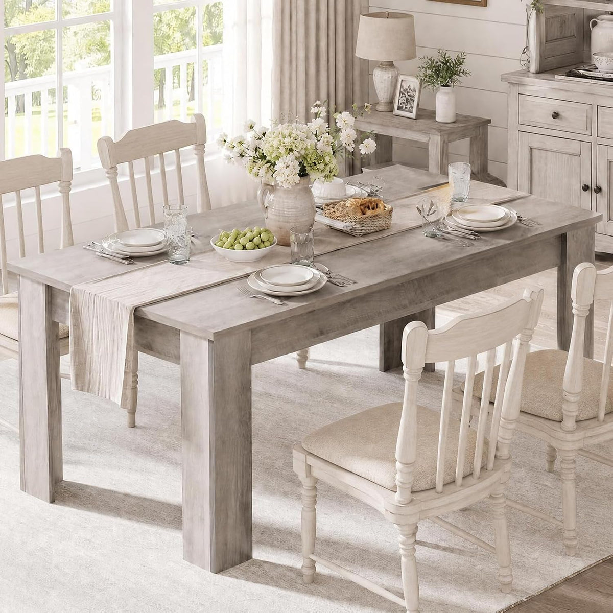 CABIHOME 63" Rectangular Dining Table for 4-6, Farmhouse Large Kitchen Table, Sturdy Frame, 4 Triangular Stable Legs, Thick Tabletop, Ideal for Apartment, Dining Room, Small Space, Retro Gray