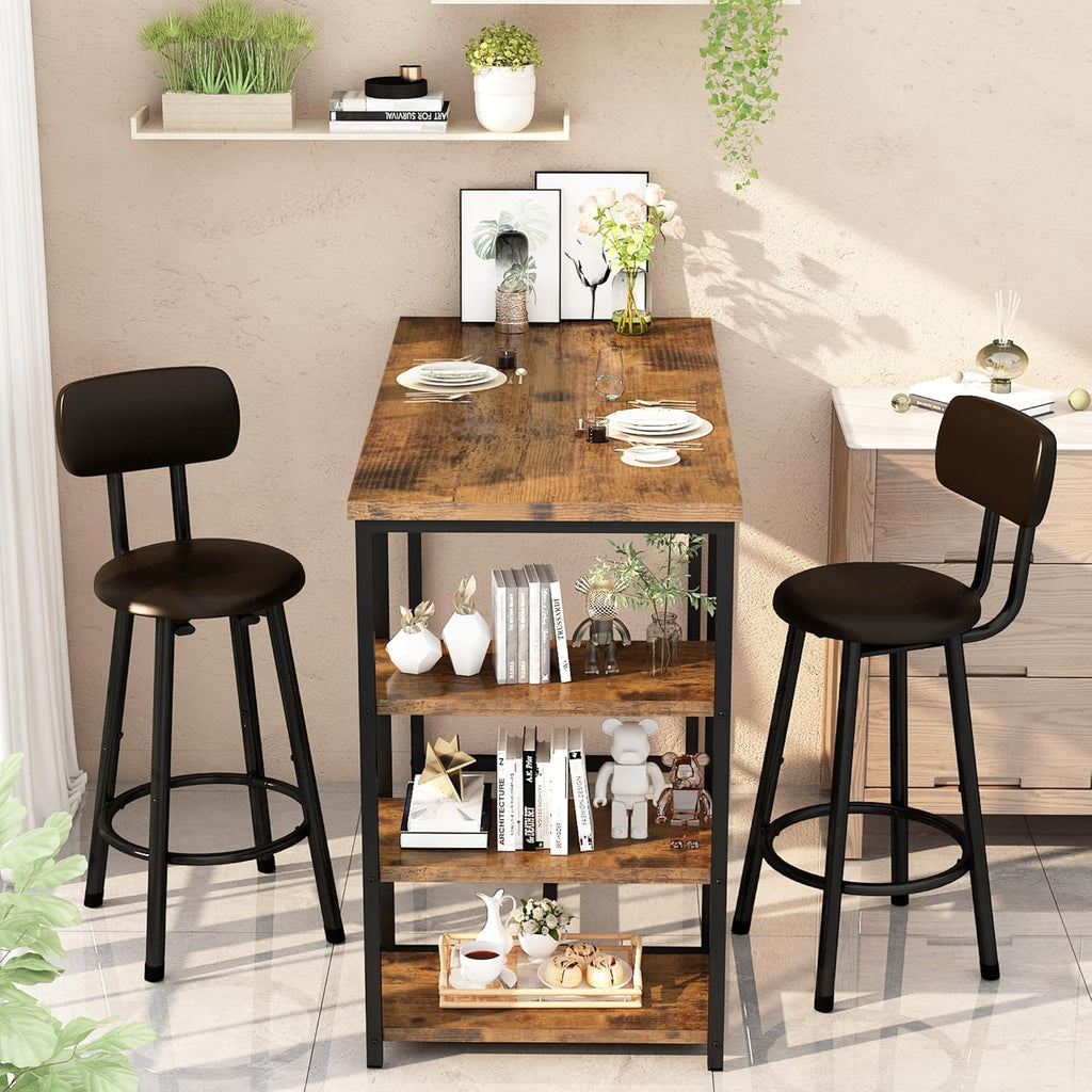 Recaceik Pub Dining Table Set for 2, Table and Bar Stools with 3 Storage Shelves, MDF Board & PU Leather Backrest Chairs, 3 Piece Dining Set for Small Space, Apartment, Kitchen Island, Brown