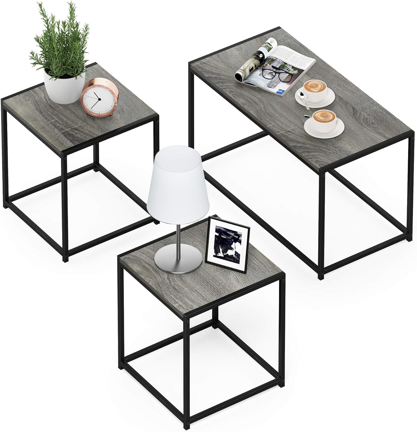 Furinno CAMNUS Metal Frame Living Room Table Set, French Oak Grey | Easy Assembly, Modern Coffee Table and Side Tables Set, End Table, for Couch, for Living Room, Bedroom, Home Office