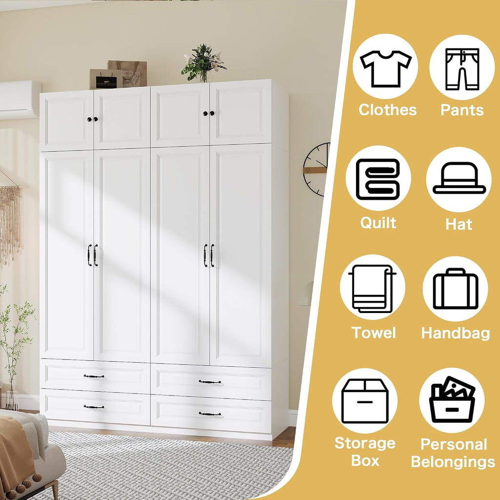 Armoire Wardrobe Closet with Doors: 89" Extra Tall White Wardrobe with Storage on Top, Bedroom Armoires with 4 Doors and 4 Drawers, Large Wood Closet Armoire for Hanging Clothes
