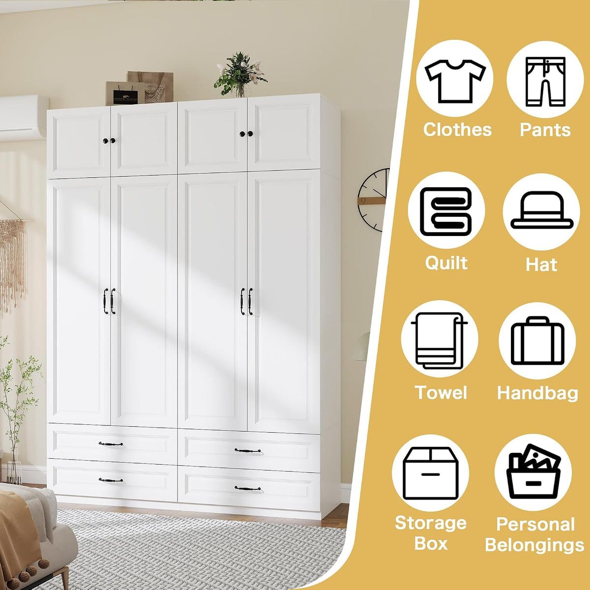 Armoire Wardrobe Closet with Doors: 89" Extra Tall White Wardrobe with Storage on Top, Bedroom Armoires with 4 Doors and 4 Drawers, Large Wood Closet Armoire for Hanging Clothes