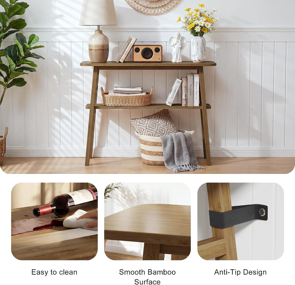 39.4" Solid Bamboo Entryway Console Table, Sofa Table Behind Couch, Narrow Bamboo Wood Entry Hallway Table with Storage Shelves for Living Room, Modern, Easy Assembly, Brown
