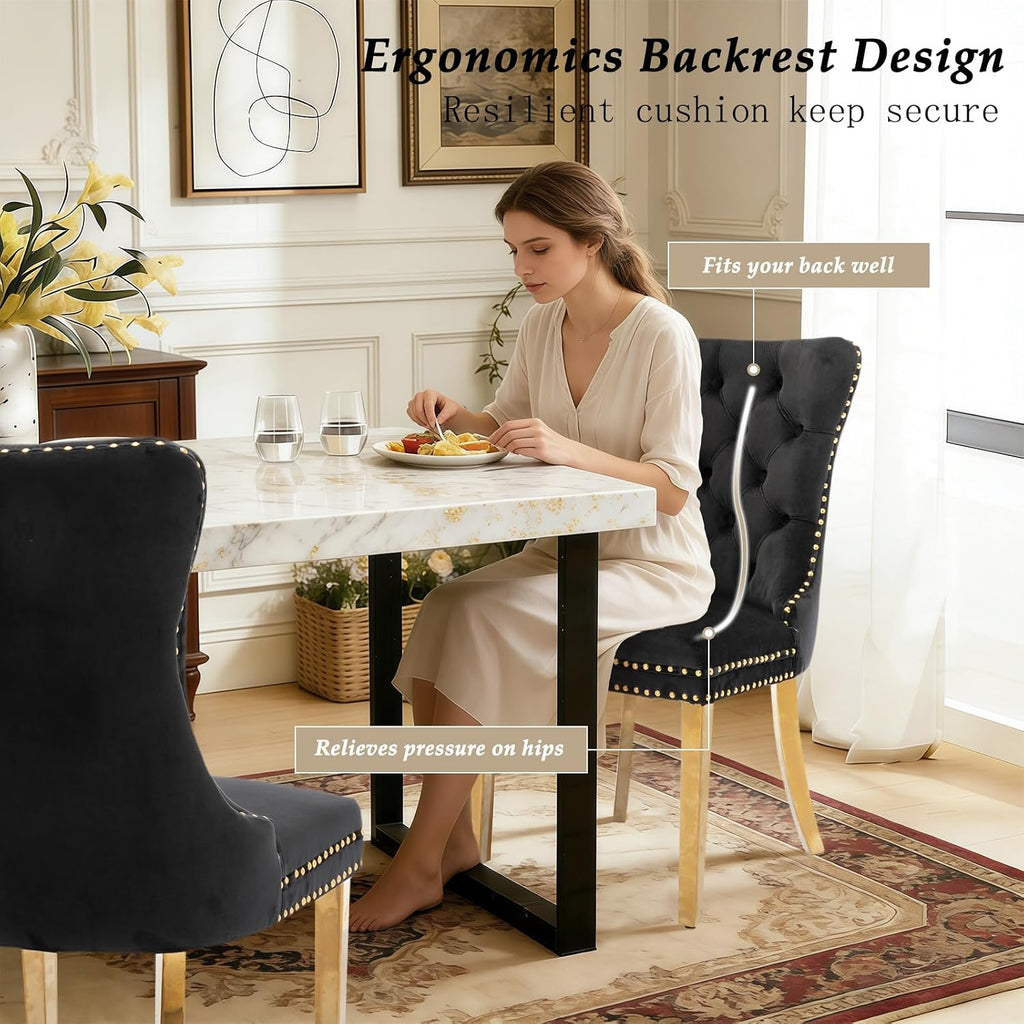 Velvet Dining Chair Set of 2,Upholstered Tufted Dining Room Chair with Nailhead Trim and Stainless Steel Gold Plated Leg for Kitchen,Black
