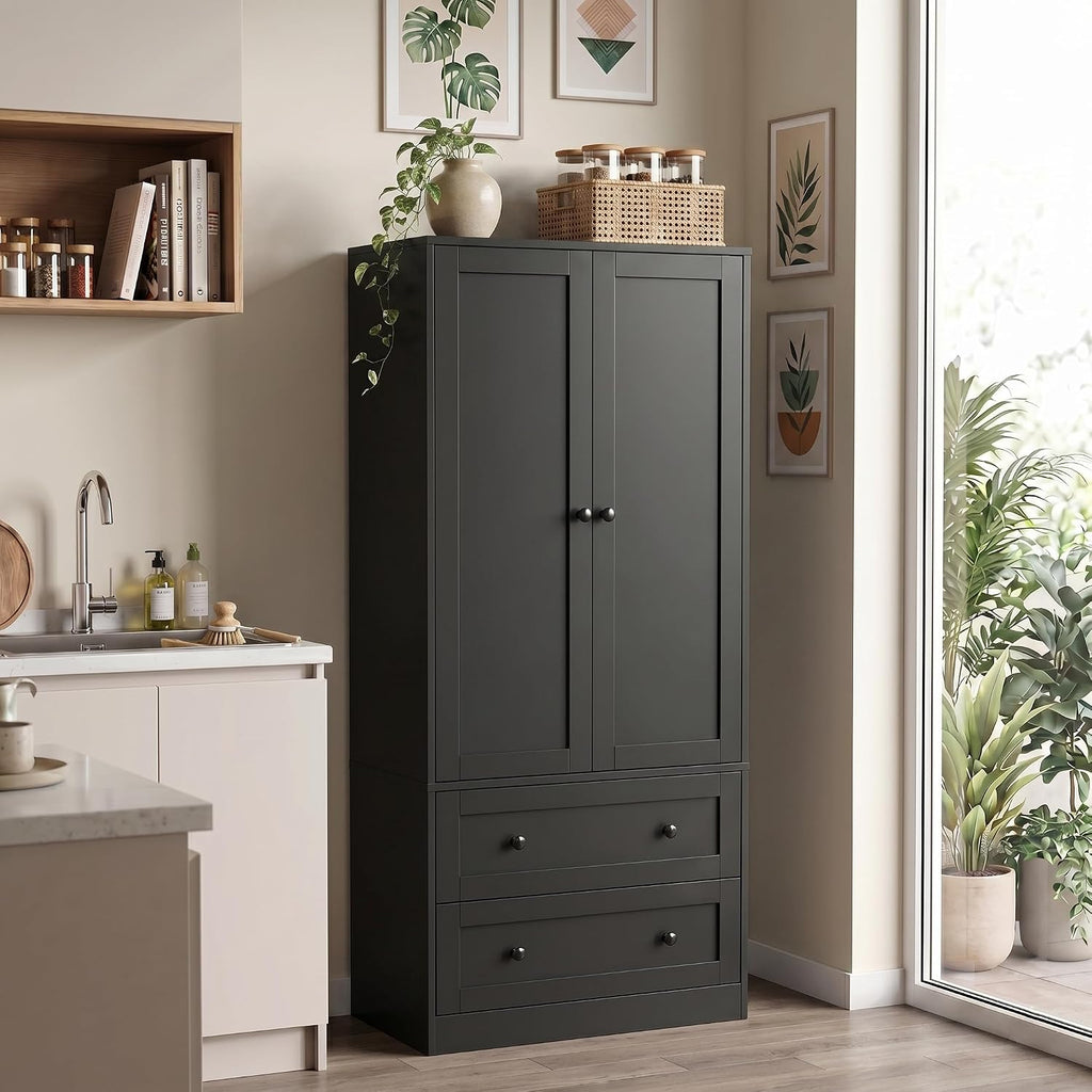 DIYART 64.2" Tall Black Kitchen Pantry, Storage Cabinet with Doors and Drawers, Freestanding Wooden Organizer for Kitchen, Dining Room