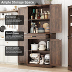 Hlivelood 72" Tall Farmhouse Kitchen Pantry Cabinet with Drawer, Rustic Wood Cupboard Storage Cabinet w/Organizer and 4 Barn Doors, Storage Cabinet for Kitchen, Dining Room, Living Room, Brown