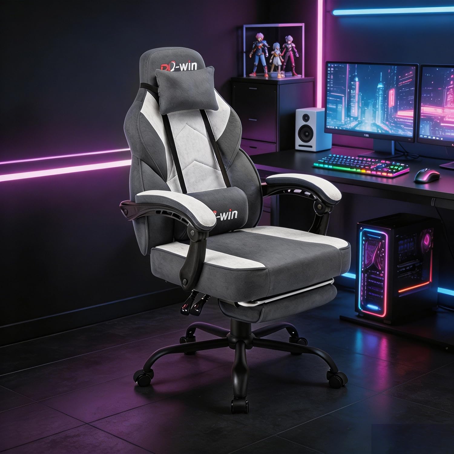 Shintenchi Big and Tall Gaming Chair Fabric Pocket Spring Cushion,High Back Recliner with Footrest and Headrest for Adults, Massage Lumbar Support for Home Office, Ergonomic Computer Desk Chair, Gray