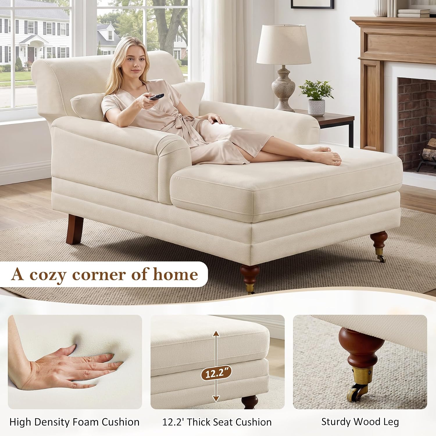 VANOMi 59.45'' Chaise Lounge Chair with Adjustable Backrest, Chenille Beige | Chaise Lounge Chair Indoor, Modern Chaise Lounge Couch, Upholstered Leisure Recliner for Living Room, Apartment, Bedroom