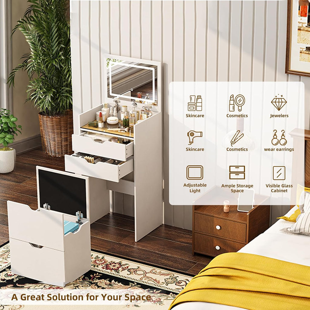 3-in-1 Vanity with Mirror and Lights, Modern Compact Vanity Table with 3 Storage Drawer, Small Makeup Vanity Desk, Dressing Table with Cushioned Stool for Bedroom, Cloakroom (Flip vanity White)