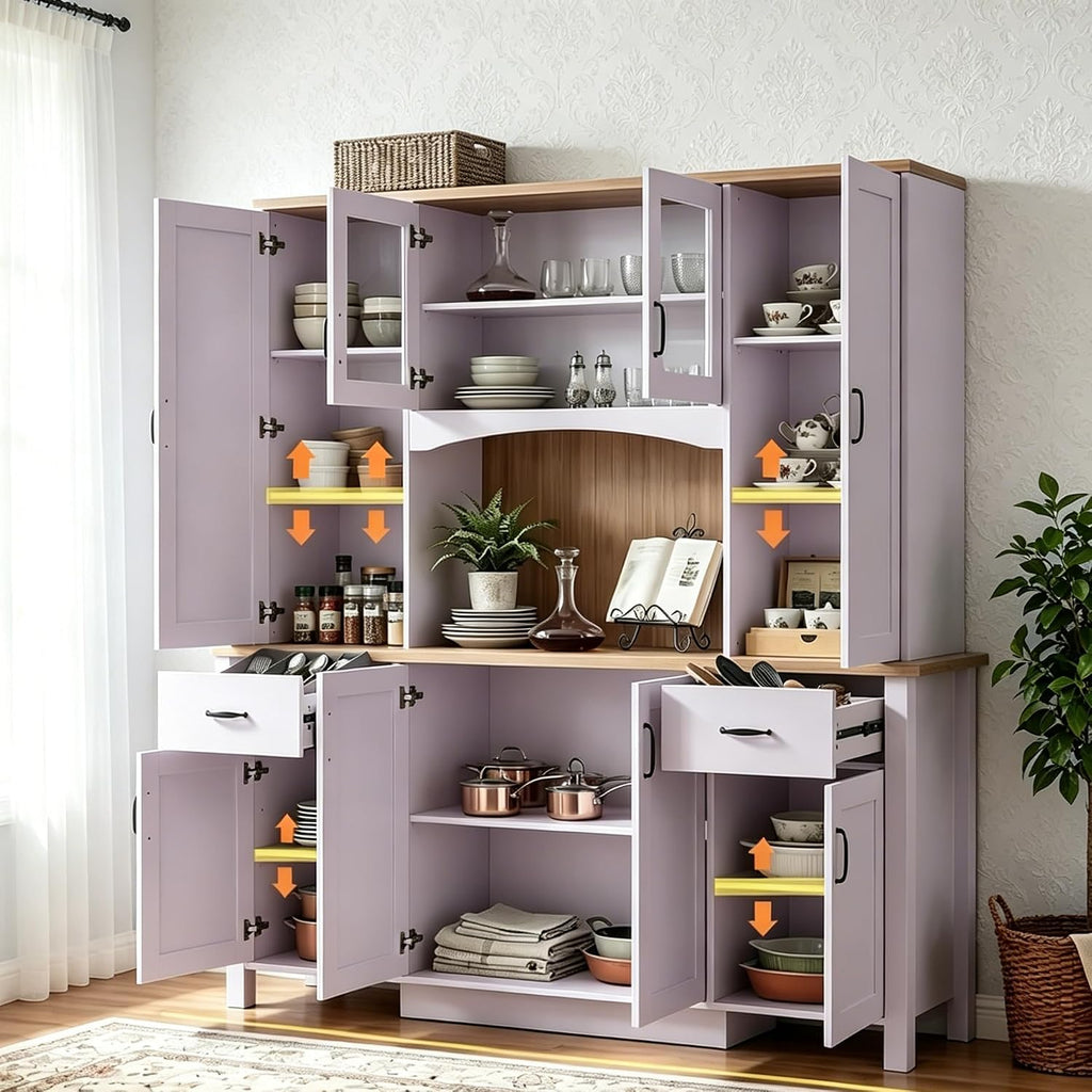 Large Wide Kitchen Pantry Storage Cabinet with Hutch, 79" Tall Farmhouse Pantry Storage Cupboard with Doors and 2 Drawers, Modern Coffee Bar Buffet Sideboard for Dining Room, Light Purple