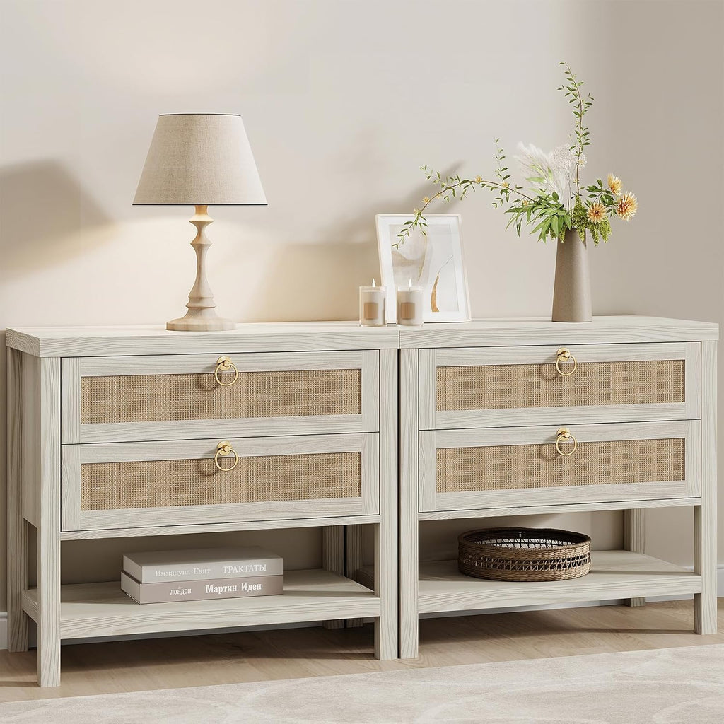 Eclatara Large Rattan Night Stand Set of 2 with 2 Drawers and Storage Shelf | Boho Nightstand White Bedside Table End Table Side Table for Bedroom(Cream White Oak,2 Pieces)