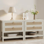 Eclatara Large Rattan Night Stand Set of 2 with 2 Drawers and Storage Shelf | Boho Nightstand White Bedside Table End Table Side Table for Bedroom(Cream White Oak,2 Pieces)