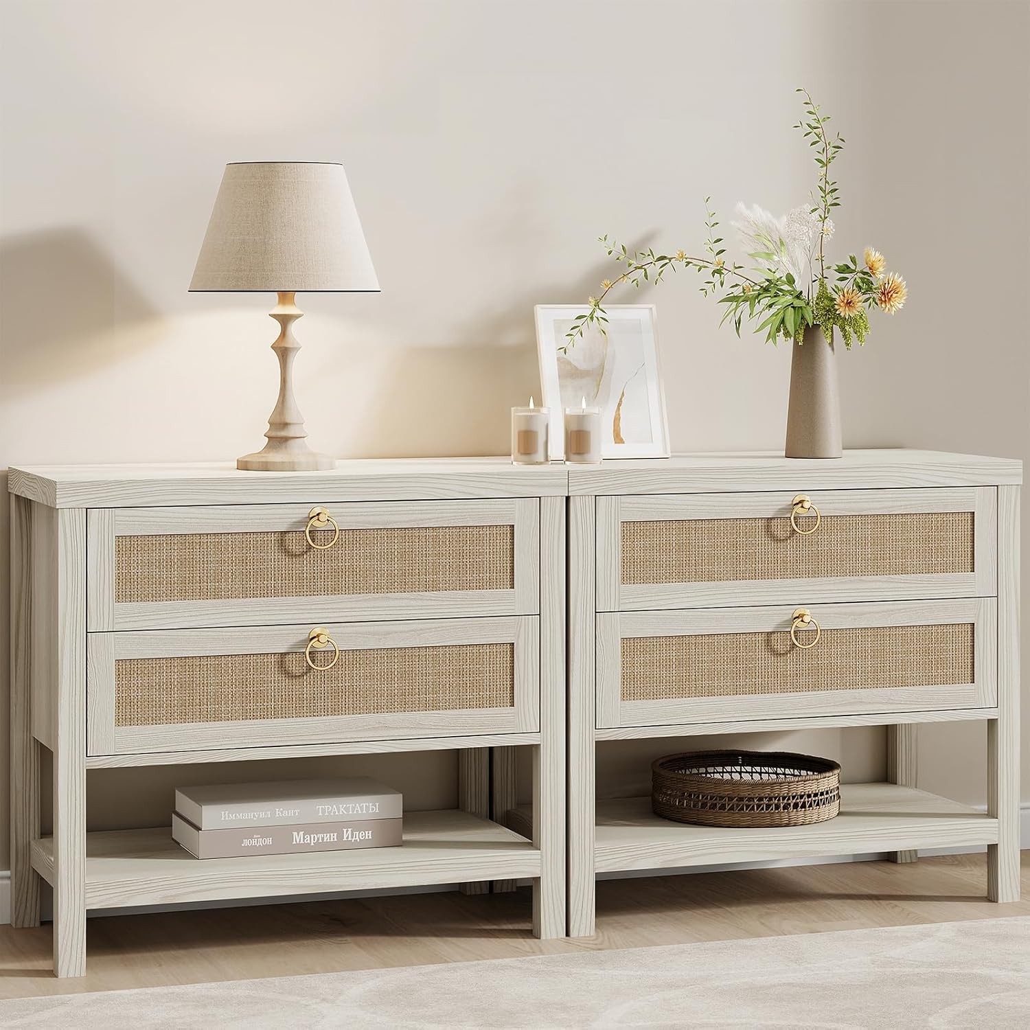 Eclatara Large Rattan Night Stand Set of 2 with 2 Drawers and Storage Shelf | Boho Nightstand White Bedside Table End Table Side Table for Bedroom(Cream White Oak,2 Pieces)