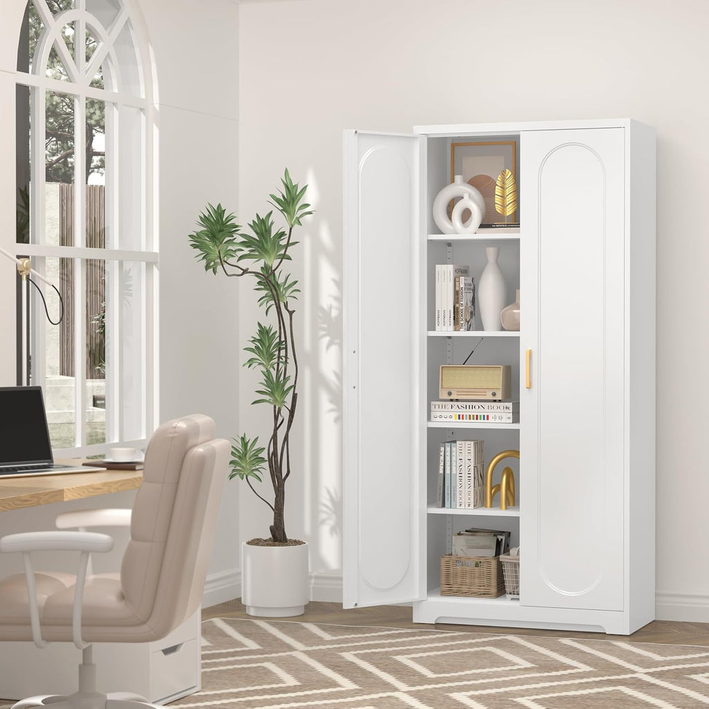 UNICOLY 71" Tall Storage Cabinet, Metal Kitchen Pantry Storage Cabinets | Pantry Cabinet with Doors and 4 Shelves，White Cabinets for Laundry Room, Living Room, Dinning Room, Assembly Required