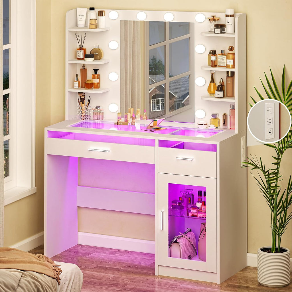 HUAHUU Vanity Desk with Mirror and Lights, Makeup Vanity Desk with Lights 3 Colors, Transparent Top Vanity with 2 RGB Drawers, 6 Shelves, Large Tempered Cabinet, Power Outlet, for Bedroom, White