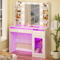 HUAHUU Vanity Desk with Mirror and Lights, Makeup Vanity Desk with Lights 3 Colors, Transparent Top Vanity with 2 RGB Drawers, 6 Shelves, Large Tempered Cabinet, Power Outlet, for Bedroom, White