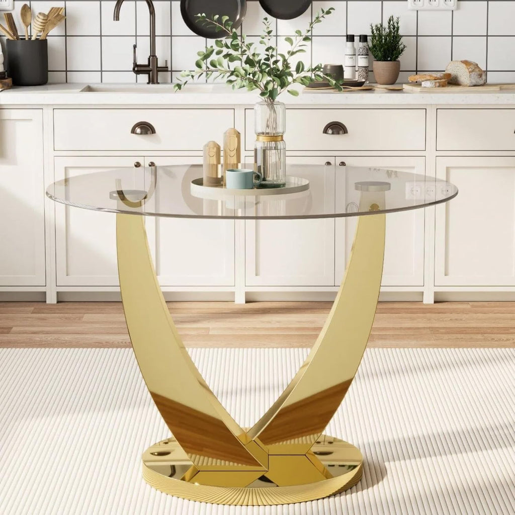 38.9" Round Glass Dining Table for 2-4, Modern Dining Room Table with Tempered Glass Tabletop & Stainless Steel Base, Round Glass Kitchen Table for Home, Small Space(Gold)