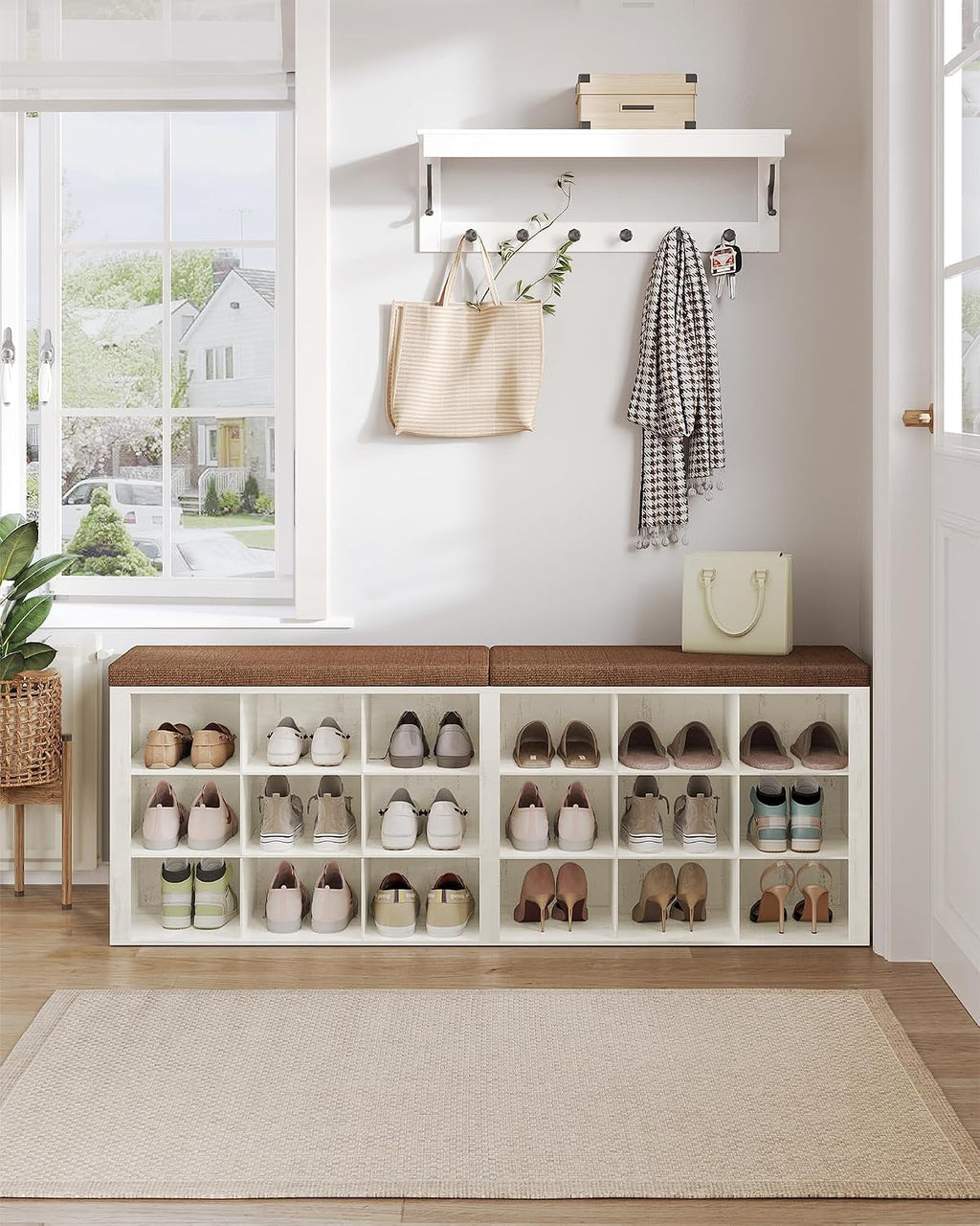 Hzuaneri Shoe Storage Bench with Cushion, Entryway Storage Bench with 18 Cubbies, 9.5" Widened Organizer Cabinet, Long Cubby Rack for Living Room, Bedroom, Entryway, White and Brown SB25714KA