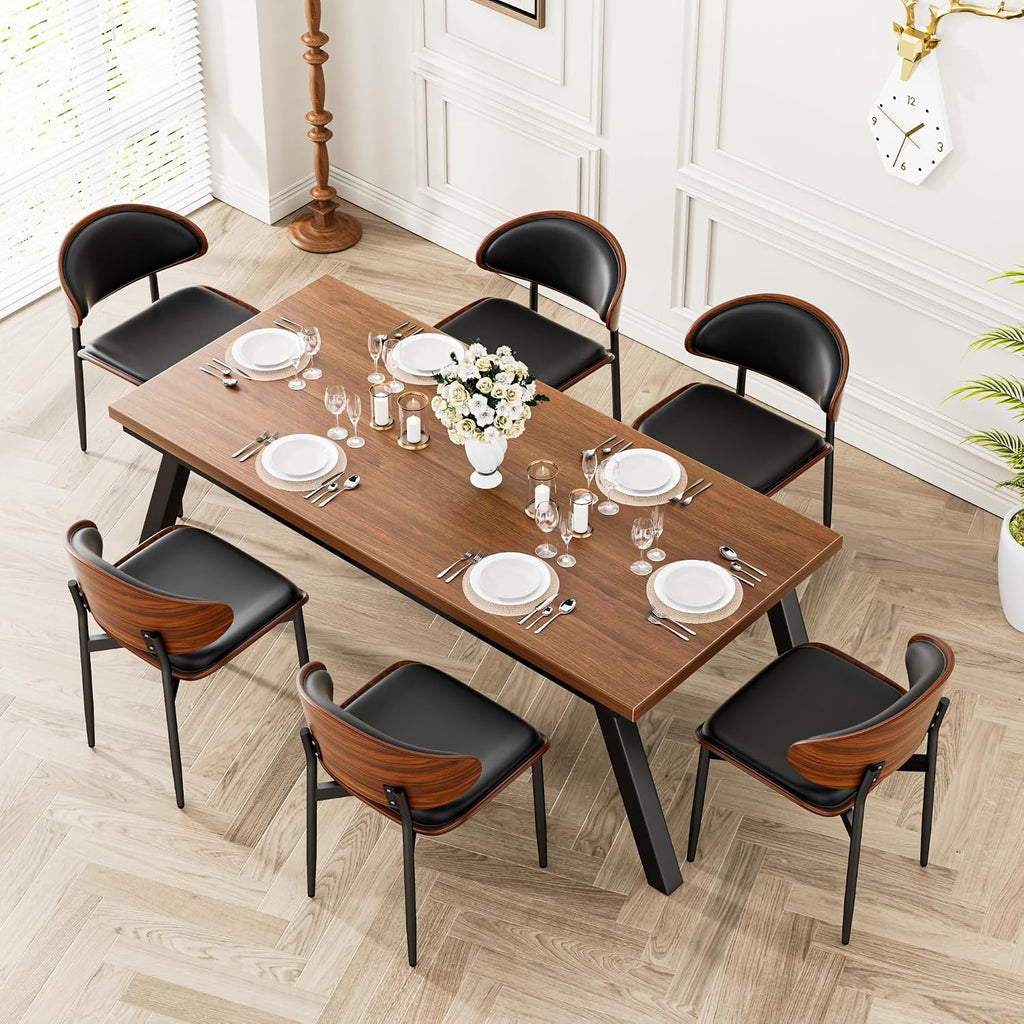 YaFiti Dining Chairs Set of 2, Mid Century Modern PU Leather Kitchen Chairs | Ergonomic Walnut Backrest & Metal Legs, Upholstered Waterproof Faux Leather Seat, Adjustable Footpads for Dining Room, Black