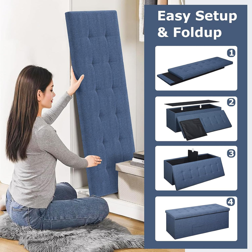 GOFLAME 43 Inches Folding Storage Ottoman Bench, Linen Fabric End of Bed Bench with Padded Seat and Side Pocket, Large Foot Rest Stool, Storage Chest for Entryway, Living Room, Bedroom, Blue