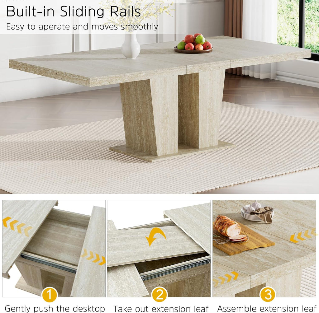Modern Extendable Dining Table Set for 6, 78.74" Faux Travertine Expandable Table with 6 Beige Velvet Upholstered Chairs, Extendable Dining Room Table Set for 6 for Dinner Party Family Gathering