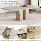 Modern Extendable Dining Table Set for 6, 78.74" Faux Travertine Expandable Table with 6 Beige Velvet Upholstered Chairs, Extendable Dining Room Table Set for 6 for Dinner Party Family Gathering