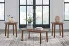 GTU Furniture Casual Wood Veneer Round 3-Piece Coffee Table Set, Cocktail Table with 2 Matching End Tables, Brown Finish for Living Room