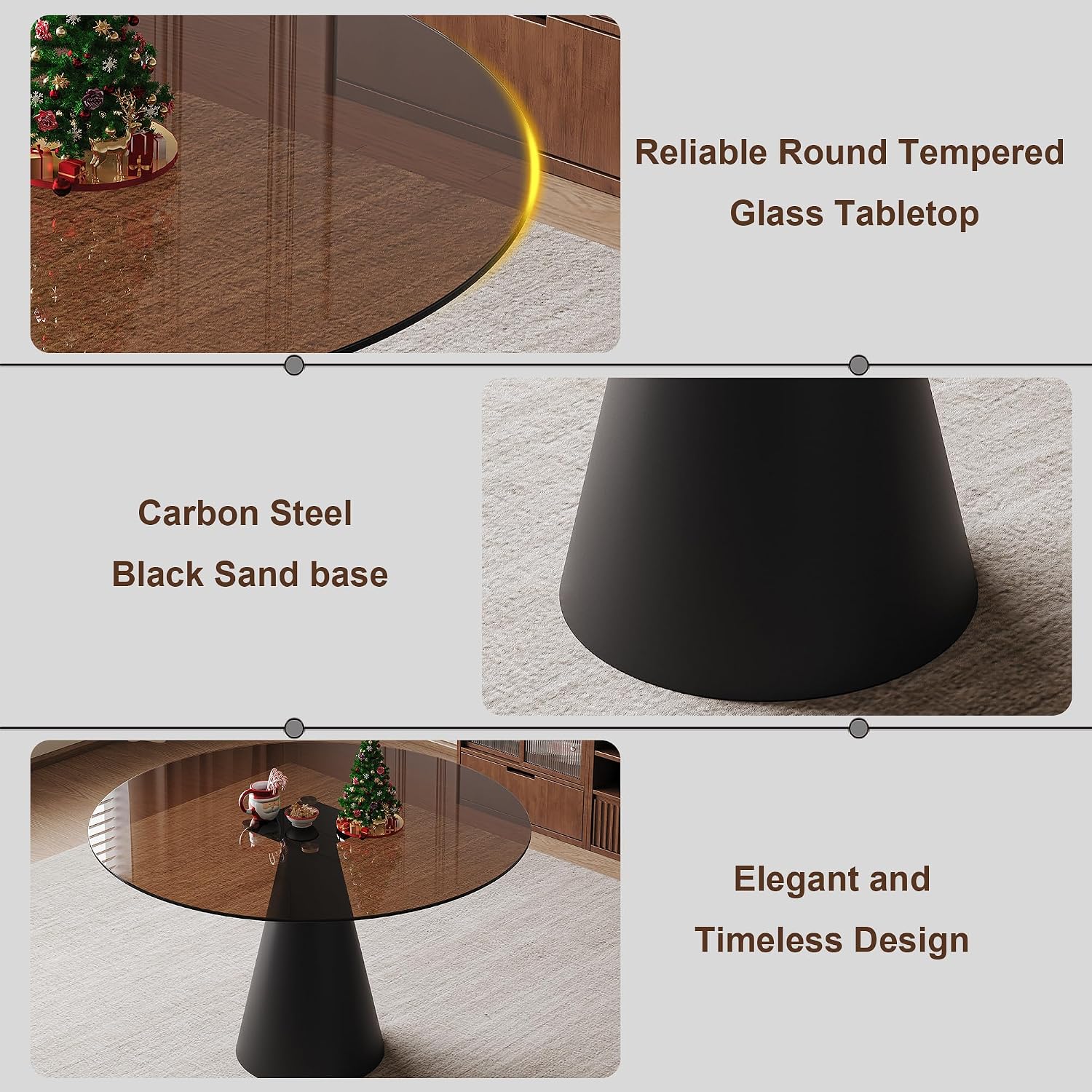 35 Inch Round Glass Dining Table, 8mm Tempered Glass Tabletop with Carbon Steel Legs, Dark Brown Modern Small Dining Table for 2-4 People, Perfect for Apartment, Restaurant, Cafe and Meeting Room