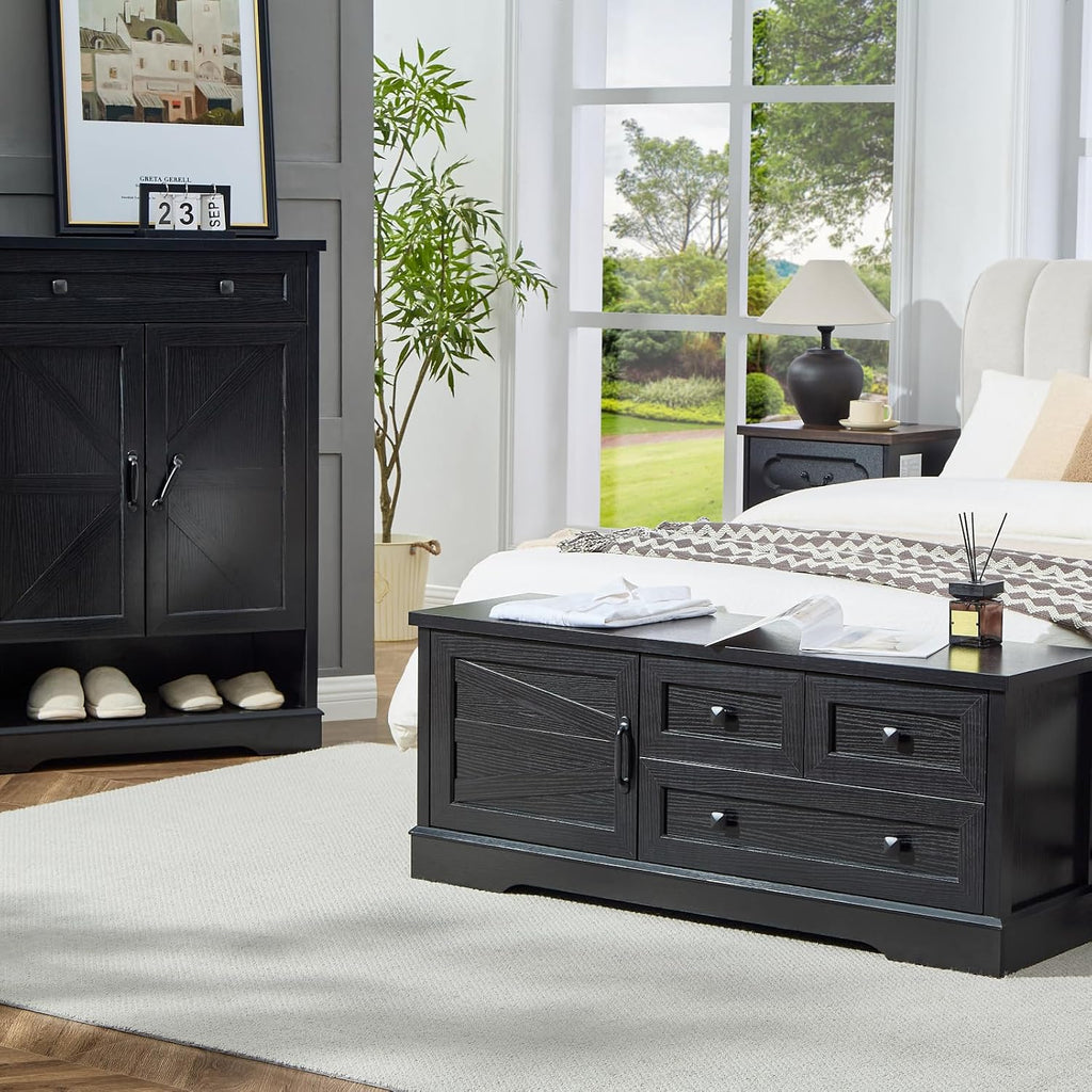 SOOWERY 48 Inch End of Bed Storage Bench, Farmhouse Bed Bench with Drawers and Cabinet, Rustic Shoe Storage Bench for Entryway, Bedroom,Living Room, Black