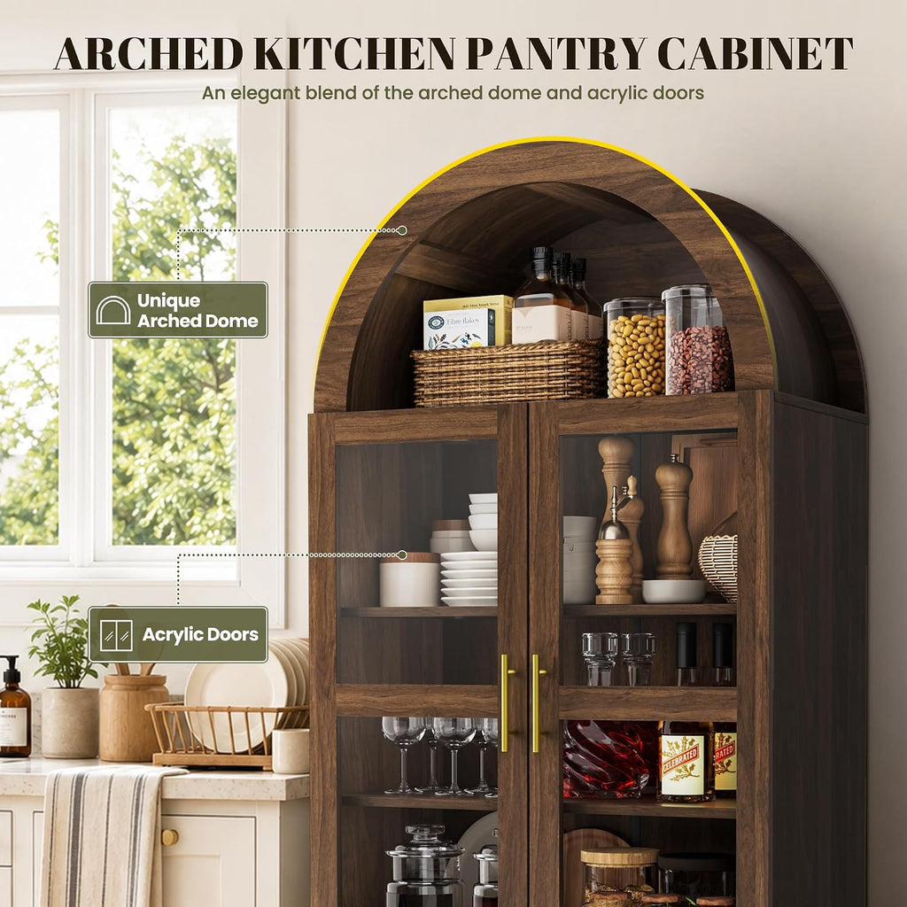71" Tall Arched Kitchen Pantry Cabinet, Modern Farmhouse Kitchen Storage Cabinet with 2 Large Drawers & Acrylic Doors, Freestanding Versatile Cupboard for Living Room, Dining Room, Brown
