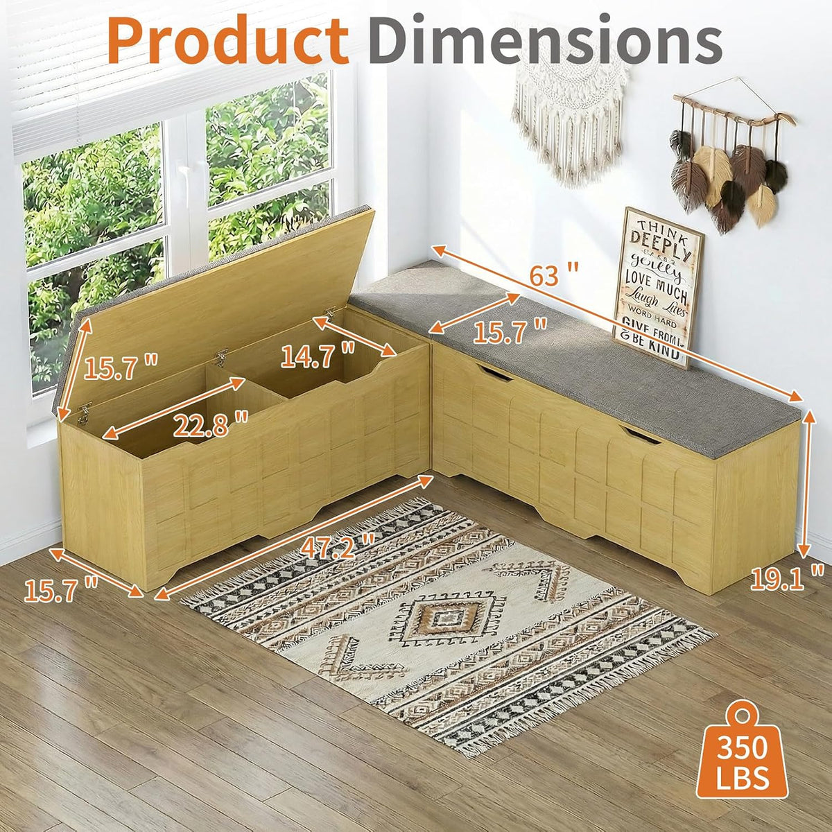 Zevemomo 63" L Shaped Storage Bench with Cushion, Kitchen Breakfast Nook Benches, Wood Storage Bench with Storage for Dining Room, Kitchen, Entryway(Natural)