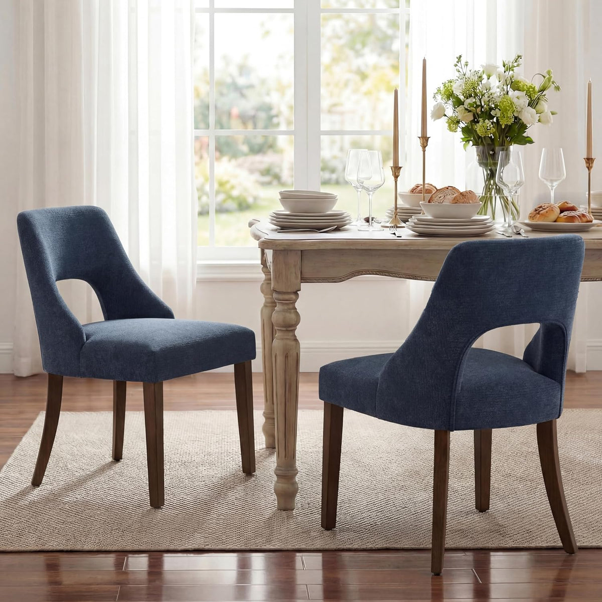 UVV Wooden Dining Chairs Set of 2, Mid Century Upholstered Dining Room Chair Kitchen Chairs, Chenille Dinner Chair with Solid Wood Legs for Kitchen Dining Room, Navy Blue