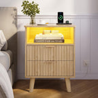 VIAGDO Fluted Nightstand with Charging Station and LED Lights, Modern Night Stand with 2 Drawers and Open Storage Cabinet, Bed Side Table with Gold Metal Handle for Bedroom, Natural Oak