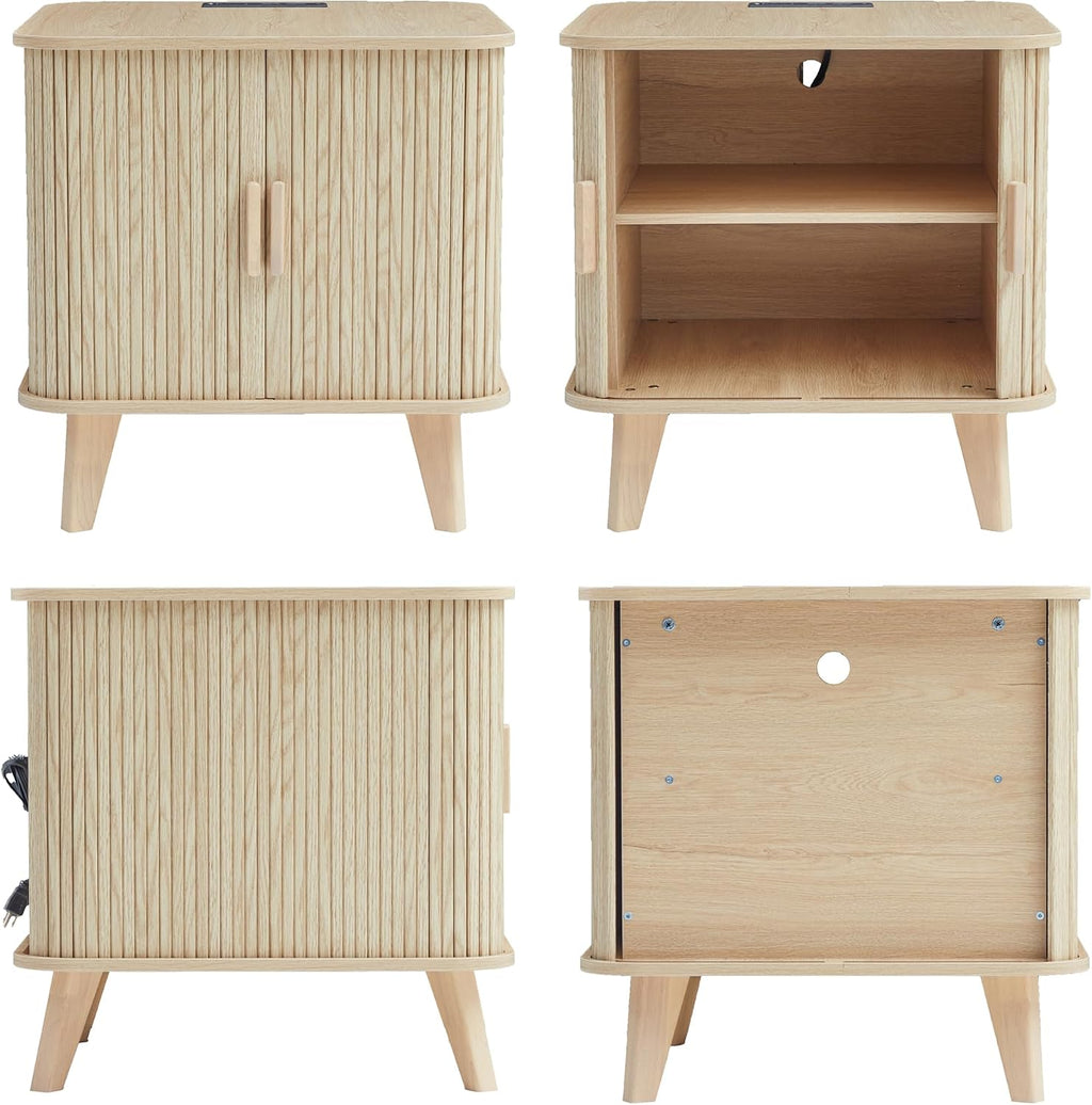 Nightstands Set of 2, 24 Inch Mid-Century Fluted End Table with Charging Station, Farmhouse Wood Side Table with Storage & Sliding Door for Sofa, Couch, Bed (2XSquare, Natural)
