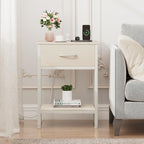 Vagusicc Nightstand with Charging Station, End Table with Fabric Drawer, Small Side Table with 2-Tier Storage Shelves, 25.4" Tall Night Stand, Bedside Table for Bedroom, Living Room, Dorm, Beige