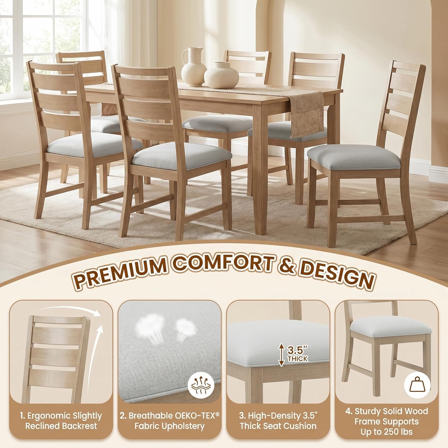 COLAMY Modern Dining Chairs Set of 2, Breathable Fabric Kitchen Chairs with High-Resilience Cotton Padding, Ergonomic Solid Wood Legs Accent Seating for Living Room 250LBS,Oak Natural
