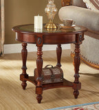 Vintage Solid Wood Oval End Table with Tempered Glass Top, 28"x24" Side Table with Carved Edge, Cherry Walnut Finish for Living Room