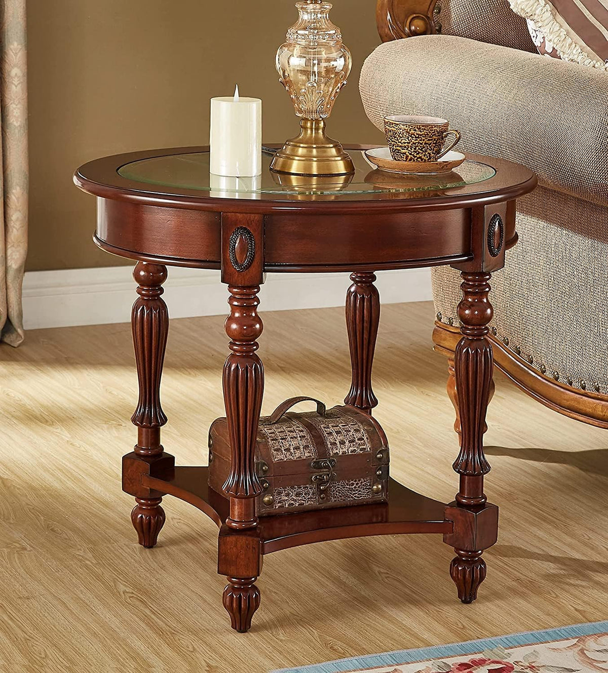 Vintage Solid Wood Oval End Table with Tempered Glass Top, 28"x24" Side Table with Carved Edge, Cherry Walnut Finish for Living Room