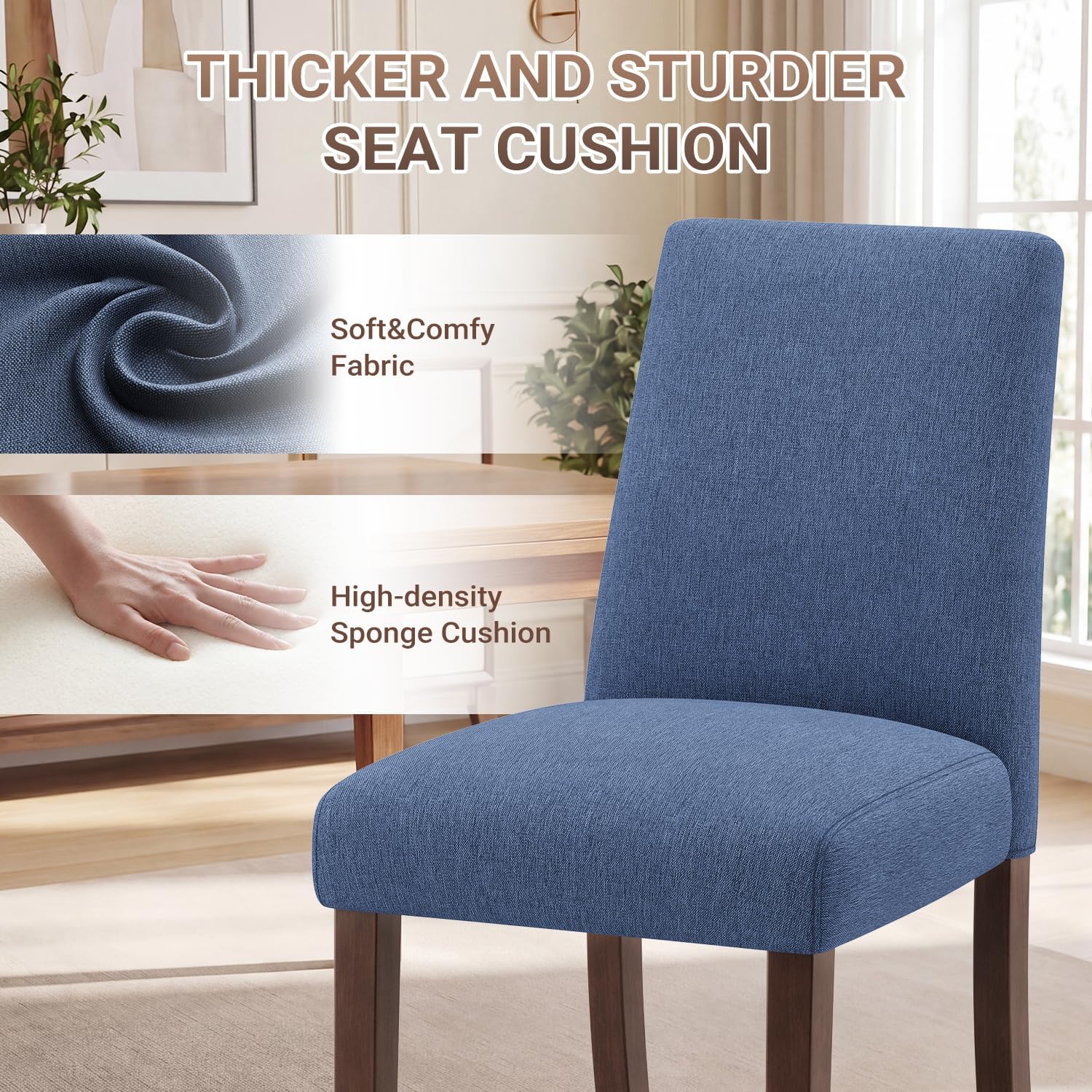 Upholstered Dining Chairs Set of 4, Mid-Century Dining Room Chairs with Wooden Legs, Farmhouse Fabric Parsons Chairs for Small Space Restaurant & Cafe- Blue