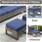 Belord Outdoor Ottomans for Patio - 250 LBS Weight Capacity Wicker Foot Rest Set of 2 with Woodgrain Lacquered Metal Frame Multipurpose Outdoor Foot Stool for Porch Balcony Backyard (Grey/Blue)