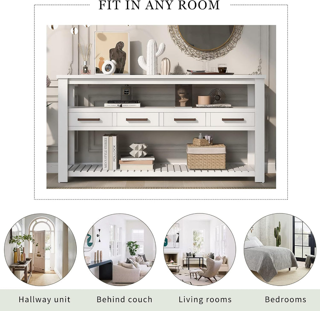 LUMISOL Console Table with 4 Drawers and 3-Tier Open Shelves, Wood Sofa Table Behind Couch with Metal Handles, Entryway Table for Living Room Foyer and Kitchen, White